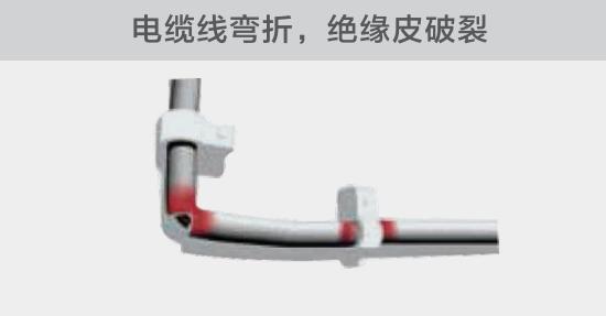 在安裝過程中，由于電線的彎曲半徑過小，或是線夾過緊，導致線纜絕緣皮破裂，產(chǎn)生電弧隱患